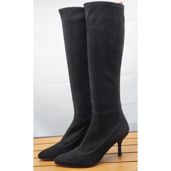 $799 Gorgeous Stuart Weitzman pull on suede stretch BLACK boots US 8 M SEXY - Picture 1 of 11